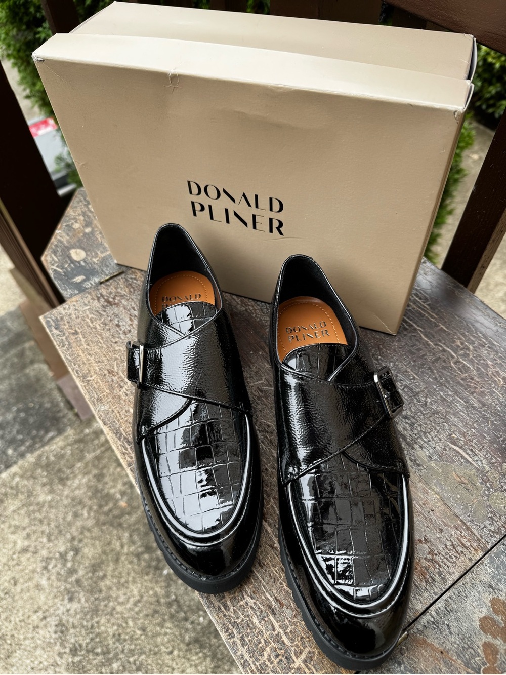 Donald J. Pliner Black Patent Croc-Embossed Monk Strap Loafers